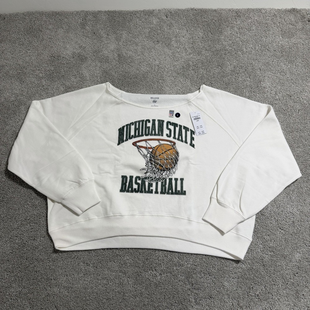 Hollister Michigan State Spartans Sweatshirt‎ Womens Sz L Cropped Off Shoulder